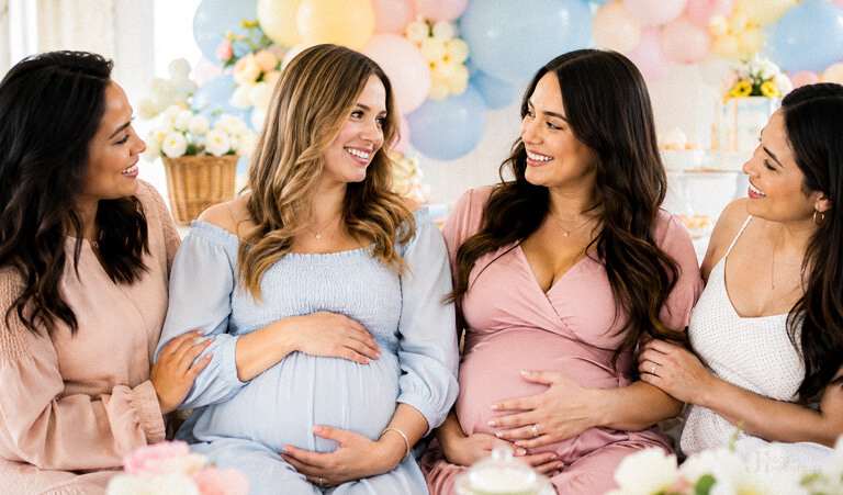 Dos amigas embarazadas celebrando un baby shower moderno con amigas y globos en tonos pastel