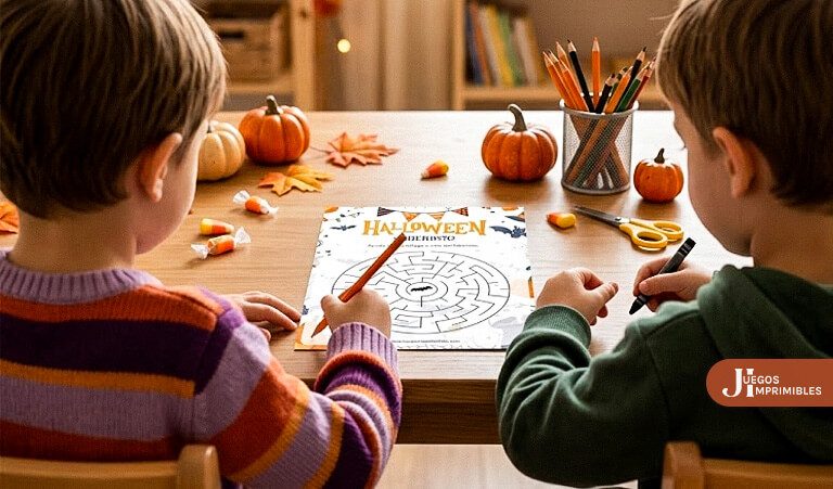 Halloween Laberinto Imprimible para Niños Niños resolviendo Laberintos de Halloween