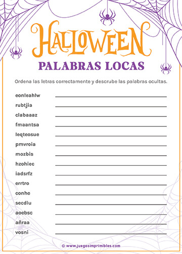Palabras Desordenadas de Halloween - Diseño Telarañas
