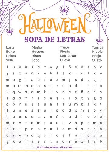 Sopa de Letras de Halloween - Diseño Arañas